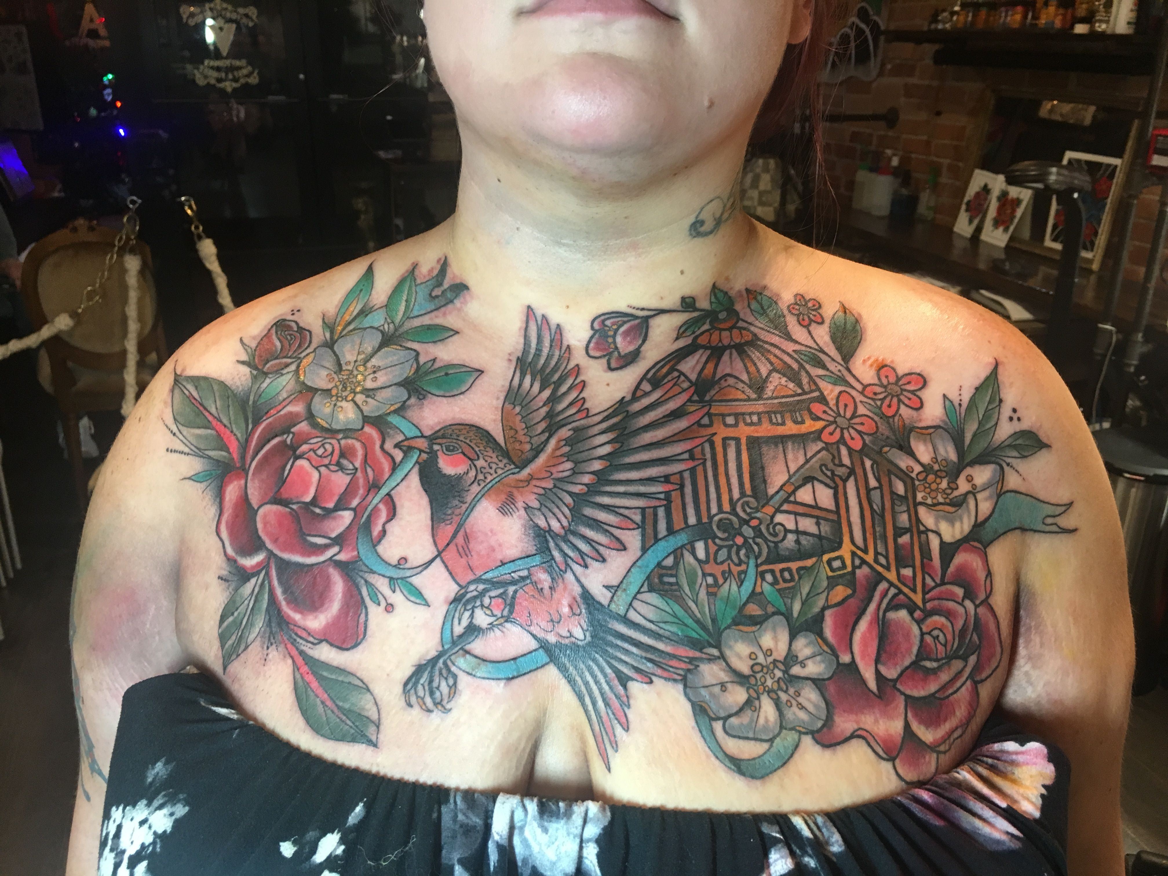 Bird Cage Tattoo Chest Tattoo Sparrow Tattoo Woman Chest Piece throughout proportions 4032 X 3024