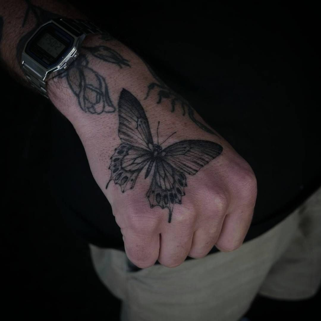 Black And Grey Butterfly Tattoo Design On Hand Edtaemets intended for size 1080 X 1080