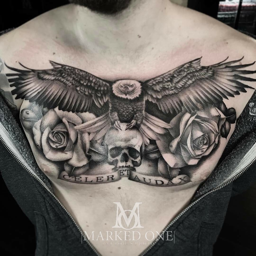 Black And Grey Chest Piece Eagle Chest Tattoo Memorial Tattoo intended for size 1080 X 1080