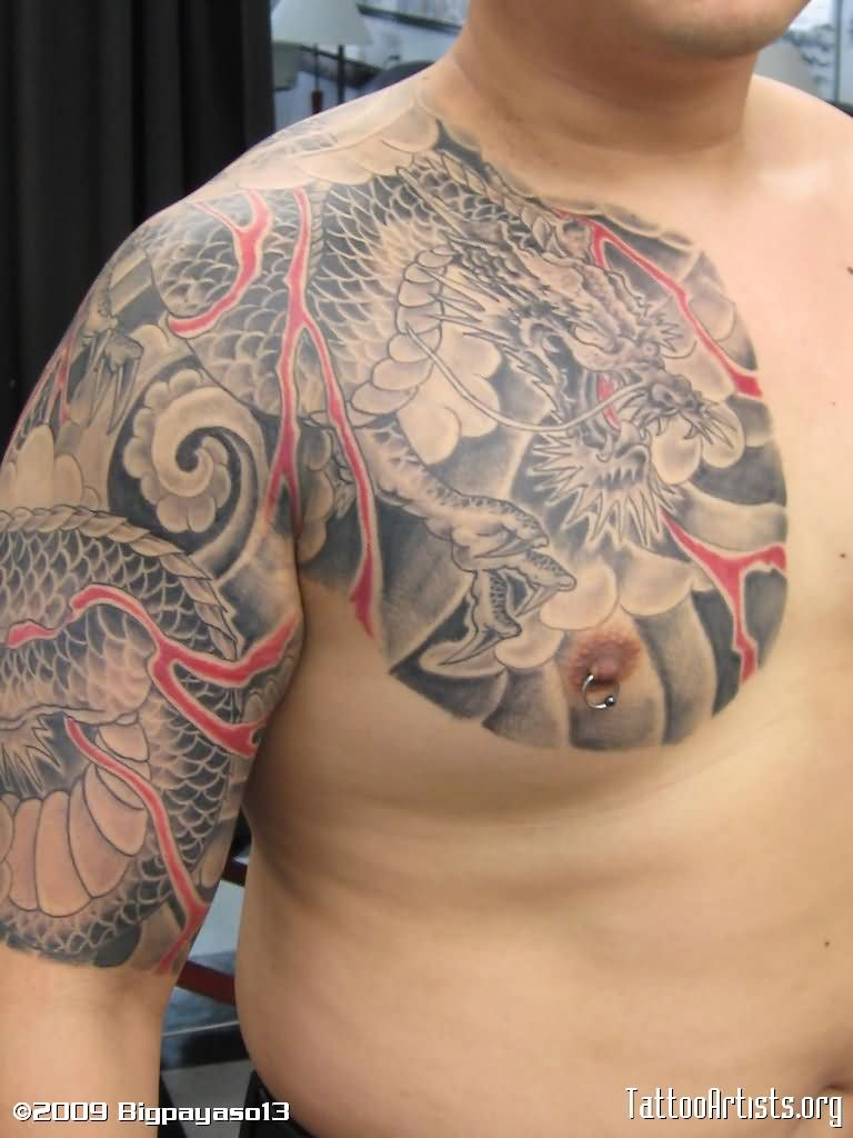 Black And Grey Dragon Tattoo On Man Right Half Sleeve And Chest for proportions 768 X 1024
