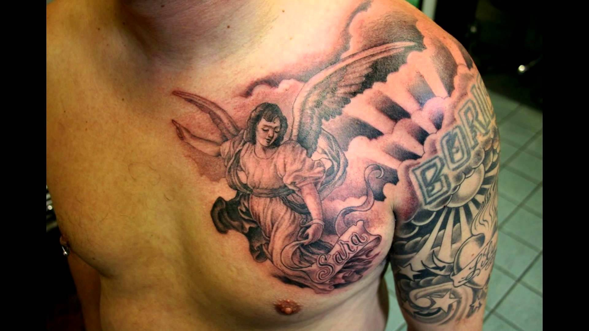 Black And Grey Ink Guardian Angel Tattoo On Chest For Men throughout dimensions 1920 X 1080