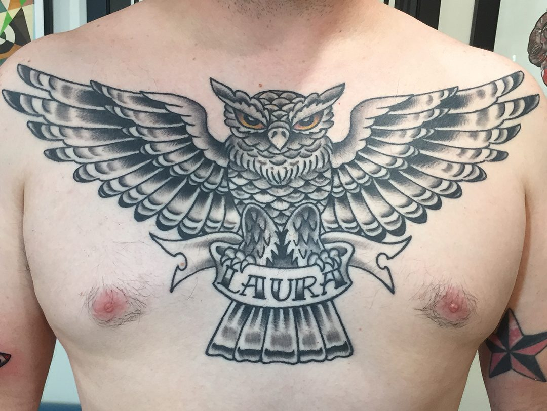 Black And Grey Owl Chest Piece Tattoo Joe Haasch Tattoo throughout proportions 1080 X 812