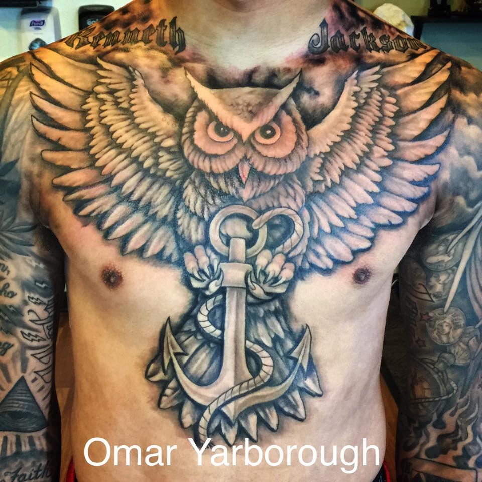 Black And Grey Owl With Anchor Tattoo On Man Chest inside dimensions 960 X 960