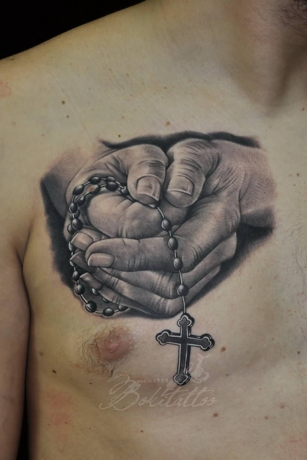 Black And Grey Praying Hands Tattoo On Chest pertaining to sizing 1024 X 1536