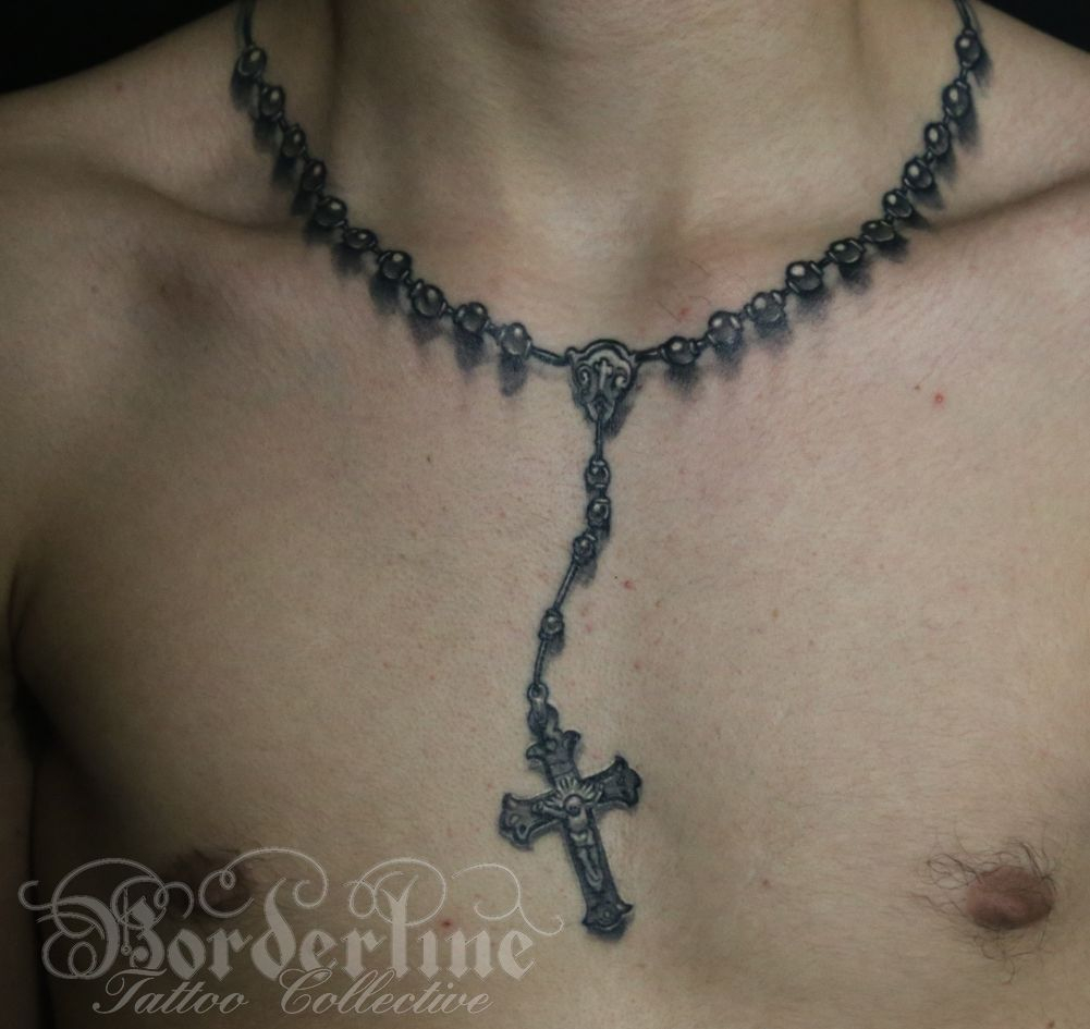 Black And Grey Realistic Cross And Rosary Beads Tattoo Chest for size 1001 X 945