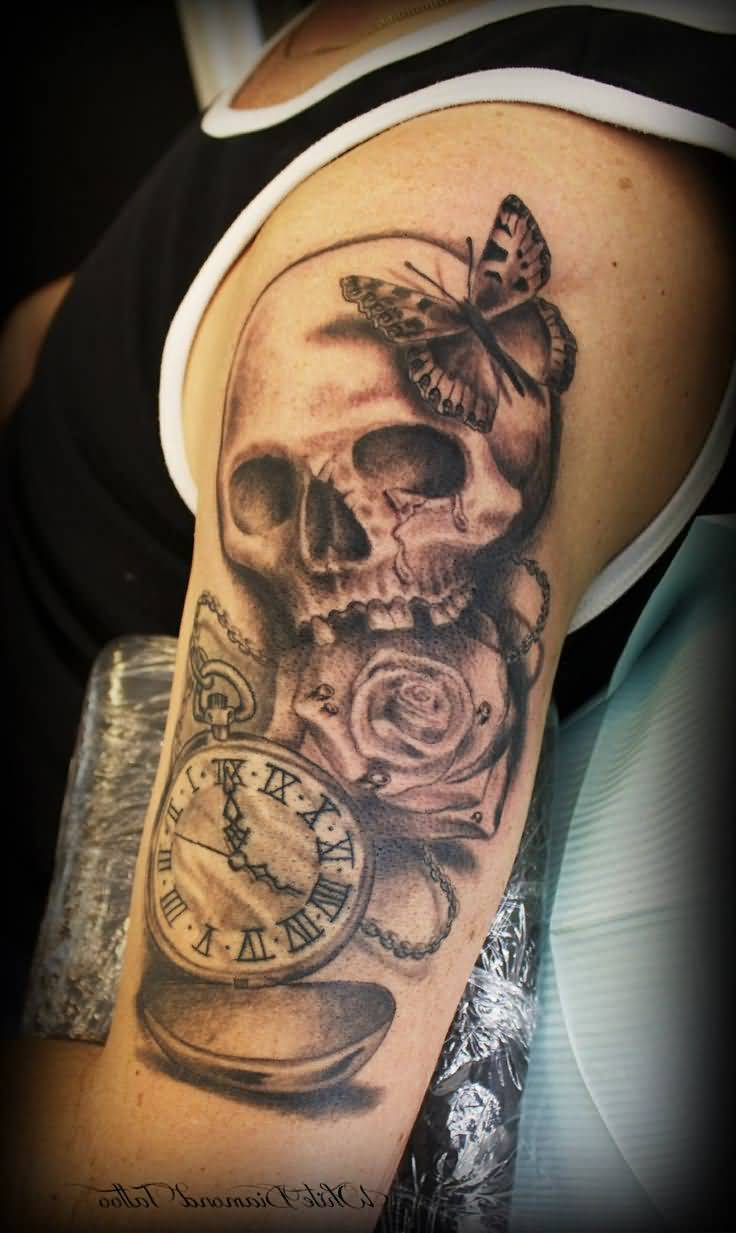 Black And Grey Shaded Skull And Rose With Butterfly And Clock Tattoo throughout sizing 736 X 1233