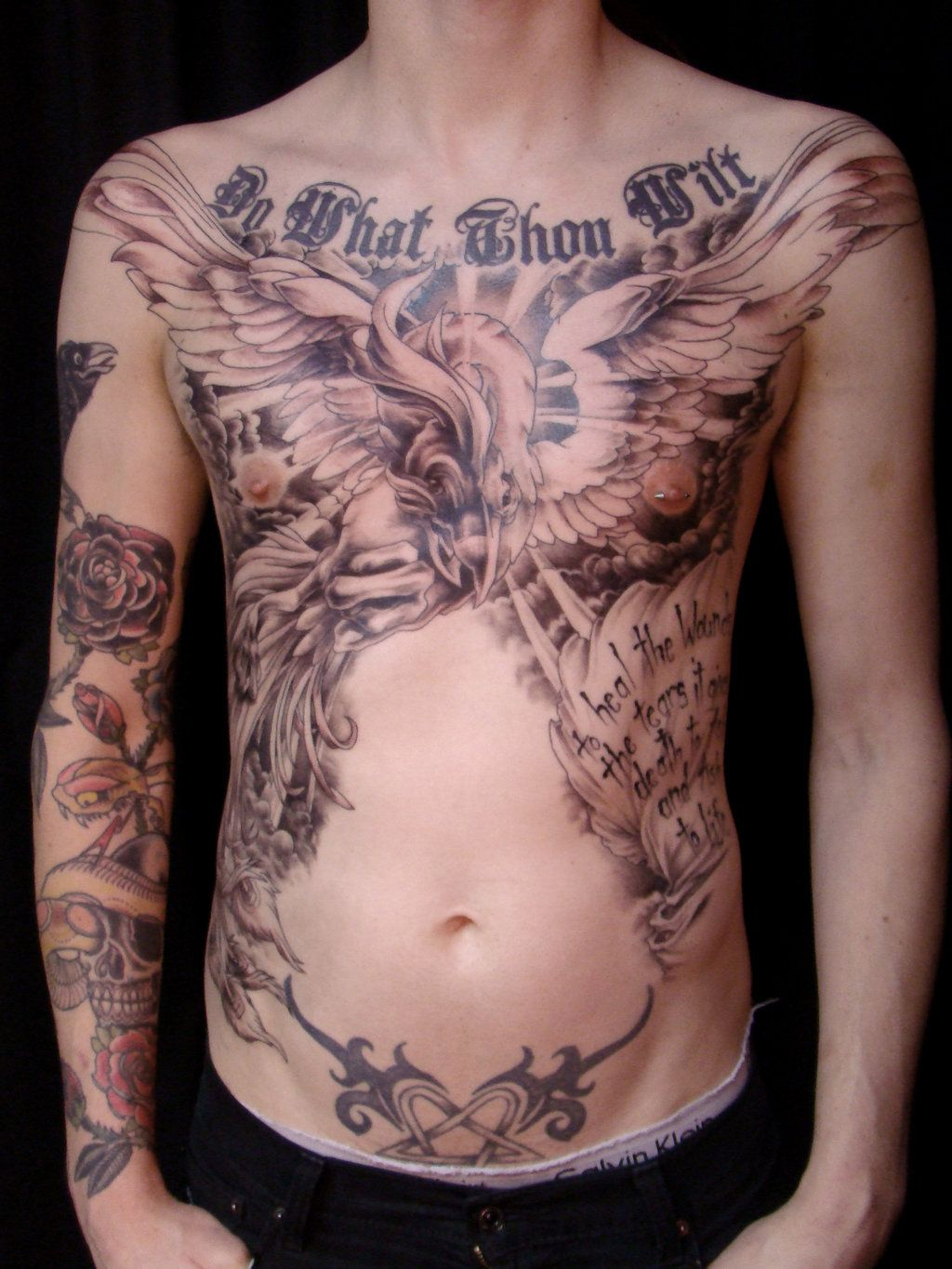 Black And White Chest Piece With A Bird Tattoo Tattoos Chest throughout dimensions 1024 X 1365