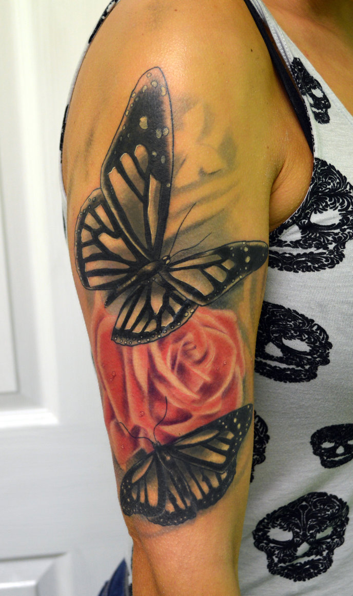 Black Butterflies With Red Rose Tattoo On Half Sleeve with measurements 688 X 1162