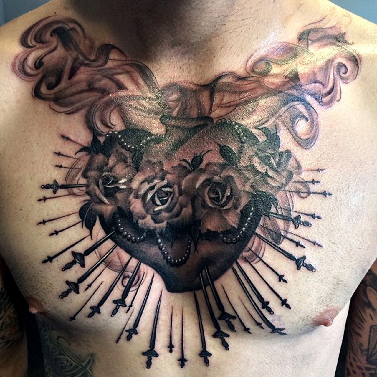 Black Gray Heart With Smoke Roses And Swords Chest Piece inside sizing 1280 X 1280