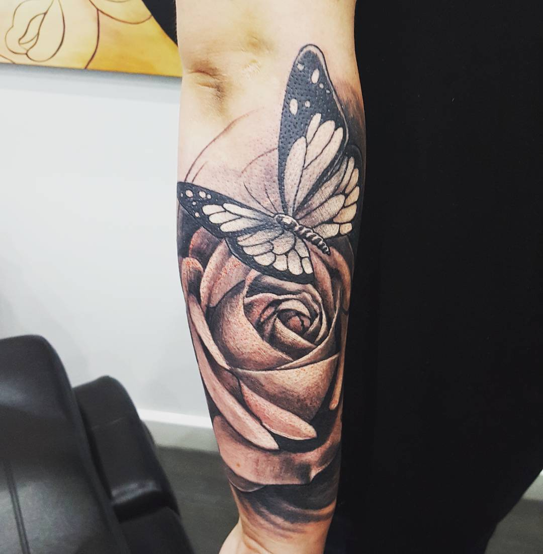 Black Grey Ink Large Rose Butterfly Tattoo On Arm throughout proportions 1080 X 1101