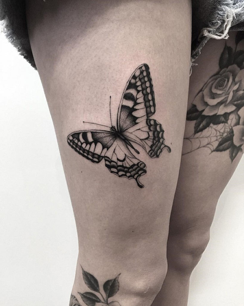 Black Ink Butterfly On Girls Thigh Best Tattoo Design Ideas throughout size 819 X 1024