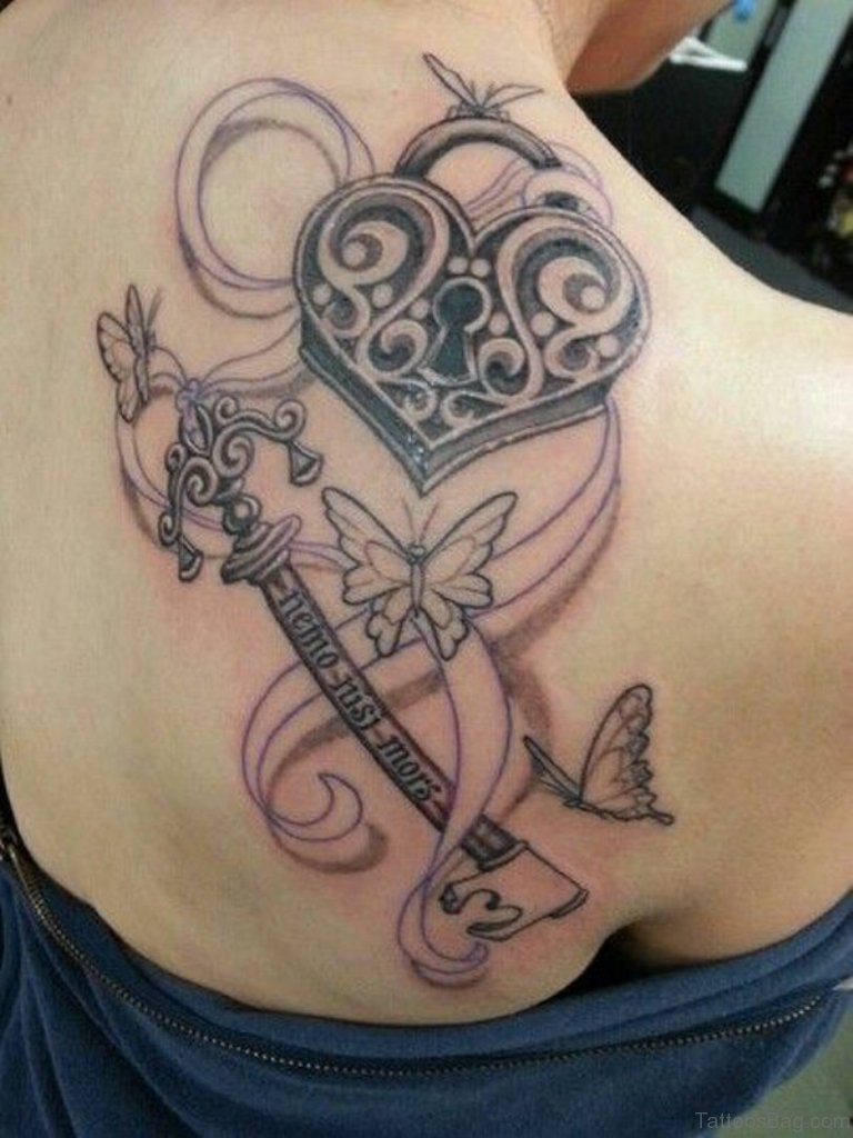 Black Ink Heart Shape Lock With Key And Flying Butterflies Tattoo On with regard to proportions 768 X 1024