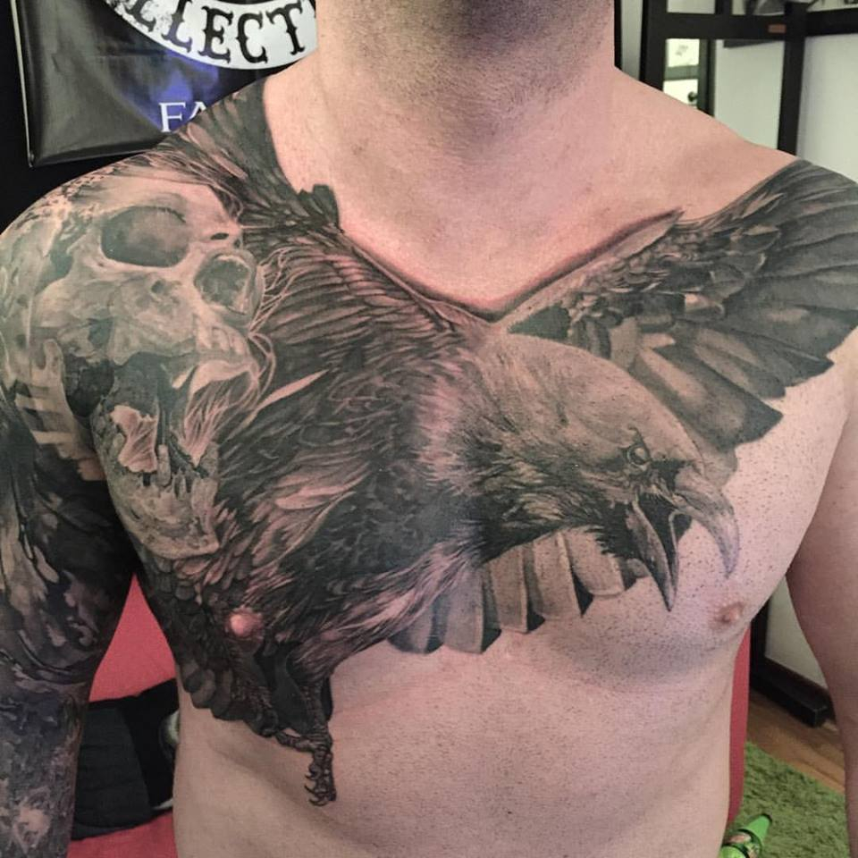 Black Ink Skull With Flying Eagle Tattoo On Man Right Shoulder And Chest throughout proportions 960 X 960