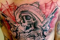 Black Ink Skull With Guns Tattoo On Man Chest pertaining to dimensions 960 X 857