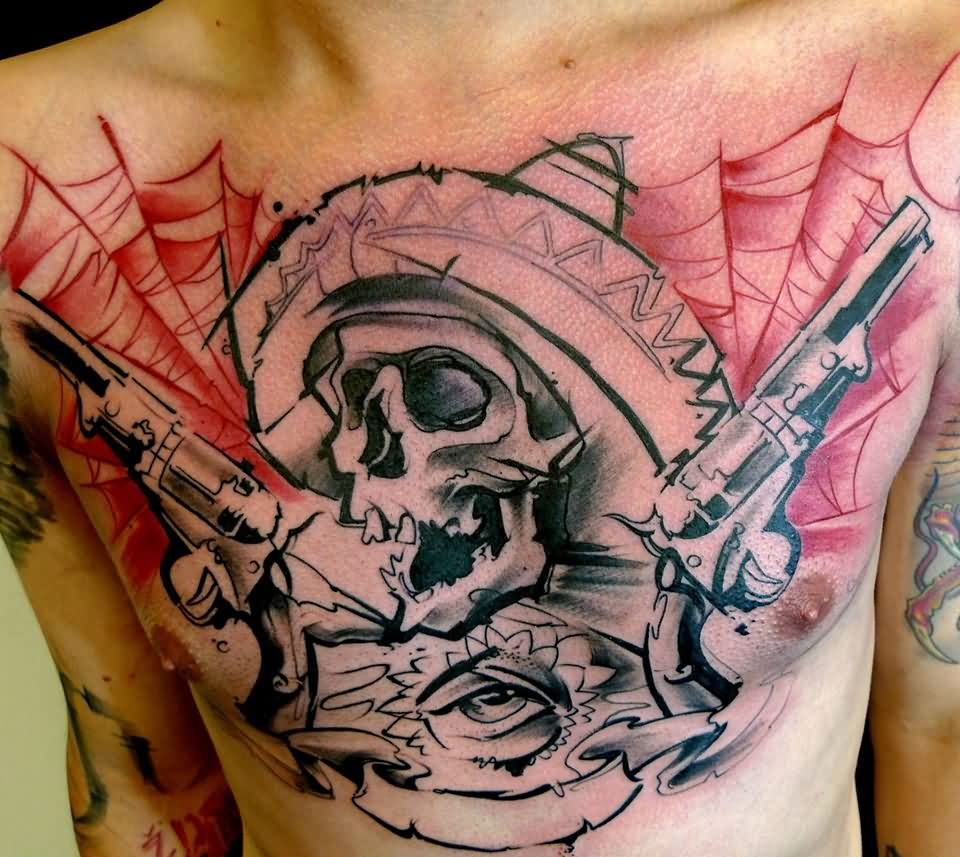 Black Ink Skull With Guns Tattoo On Man Chest throughout sizing 960 X 857