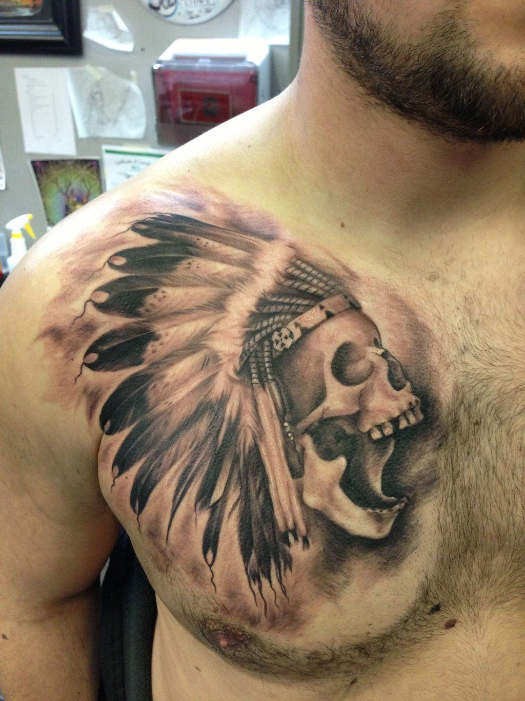Black Shaded Indian Skull Tattoo On Upper Right Chest For Men in size 1024 X 1365