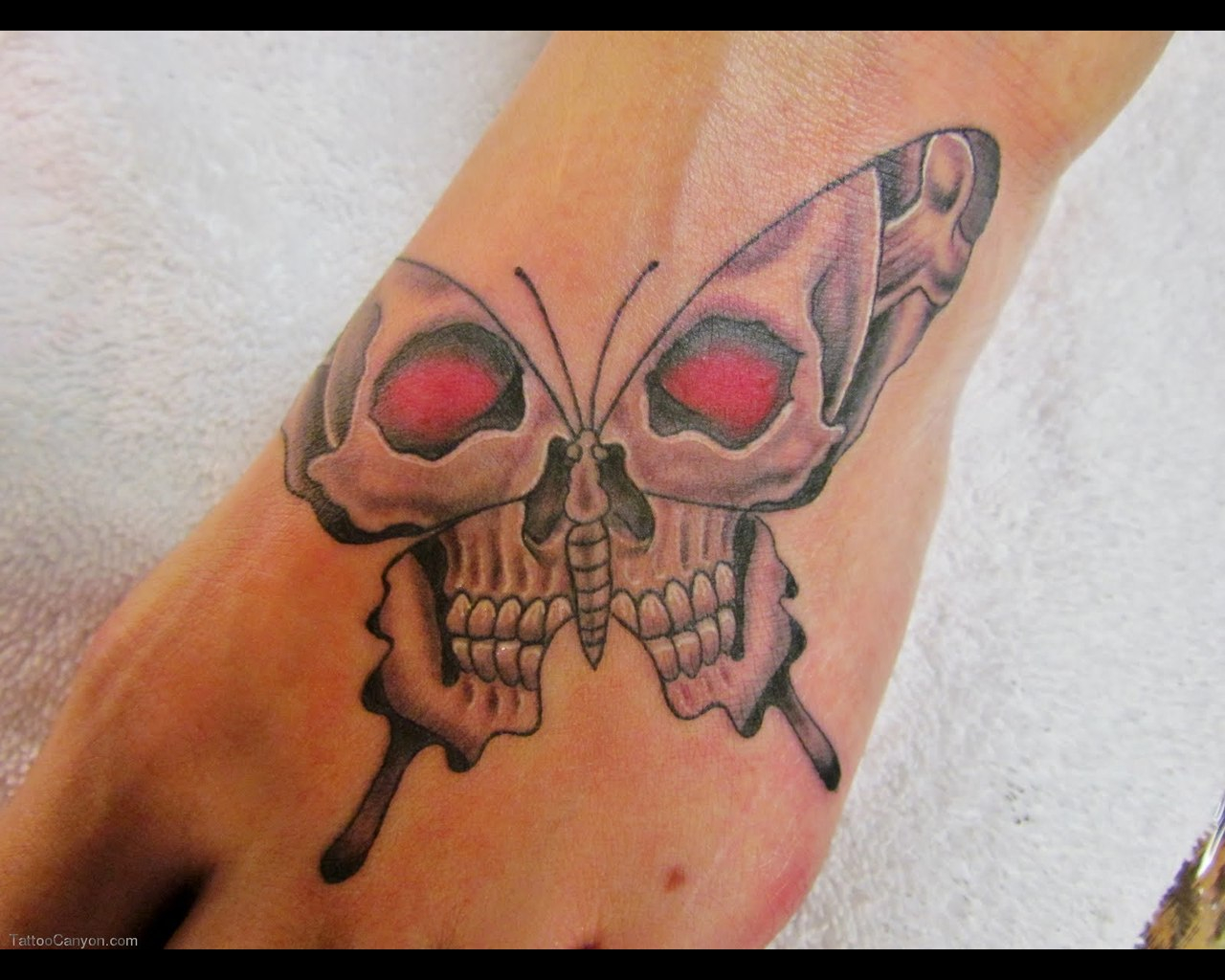 Black Skull Butterfly Tattoo On Foot pertaining to dimensions 1280 X 1024
