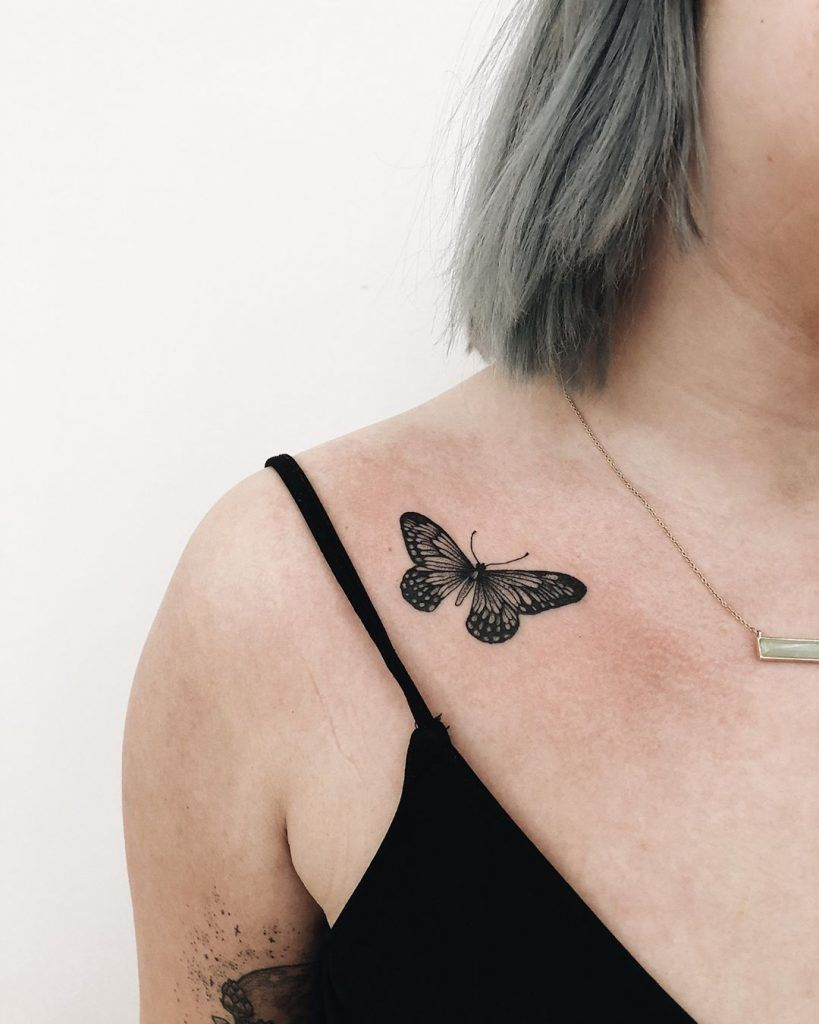 Black Small Butterfly Tattoo On The Right Clavicle Bone Finley with regard to sizing 819 X 1024