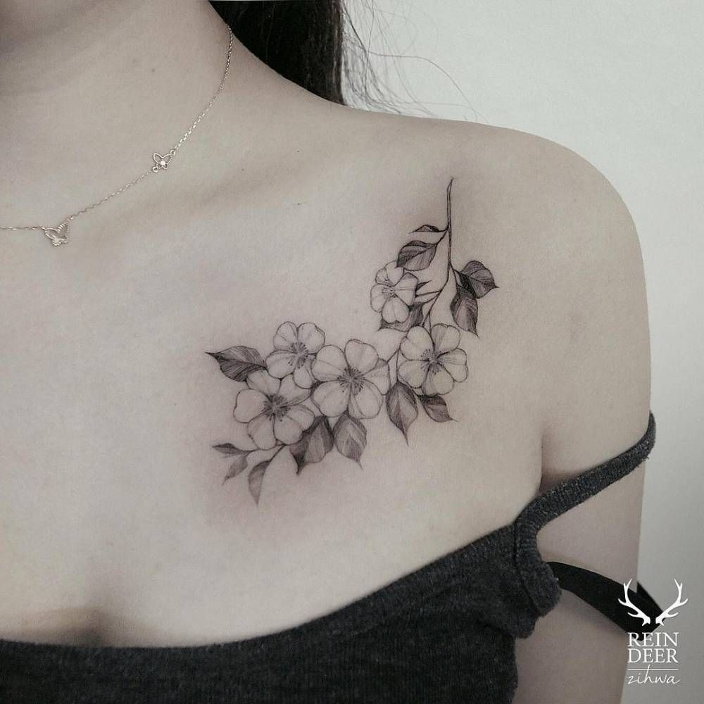 Blackwork Cherry Blossoms On The Chest Tattoo Artist Zihwa within sizing 1000 X 1000