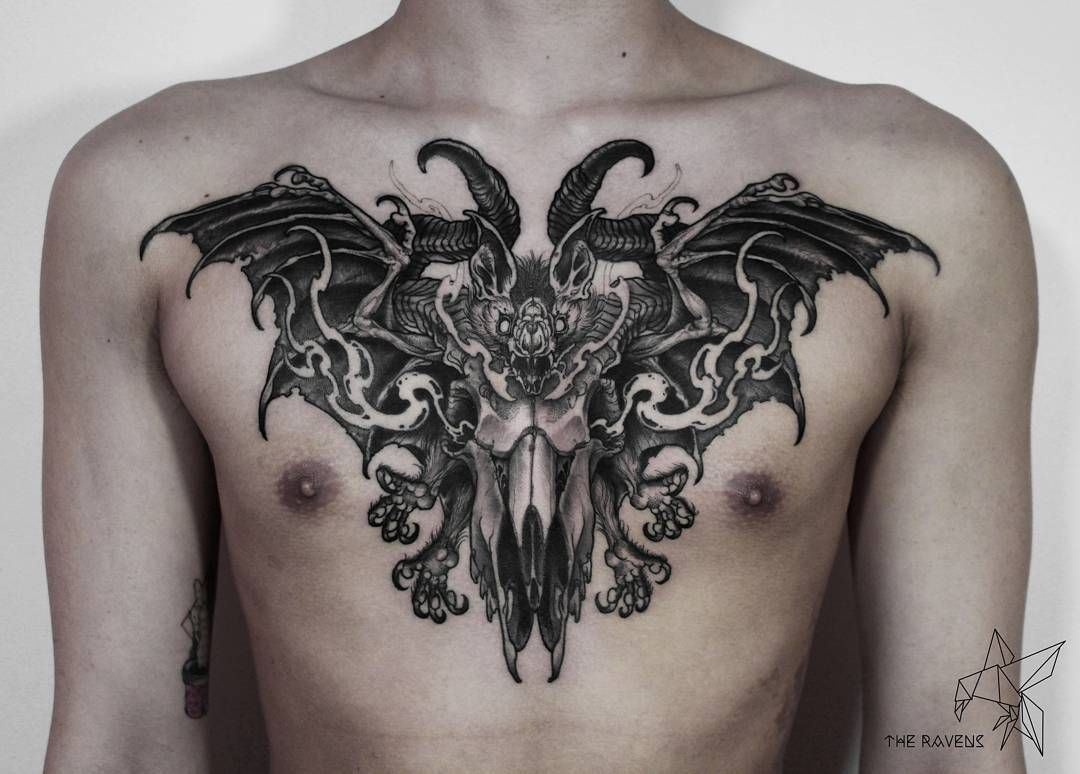 Blackwork Flying Bat Chest Piece Sakim Tattoo Ideas regarding size 1080 X 774