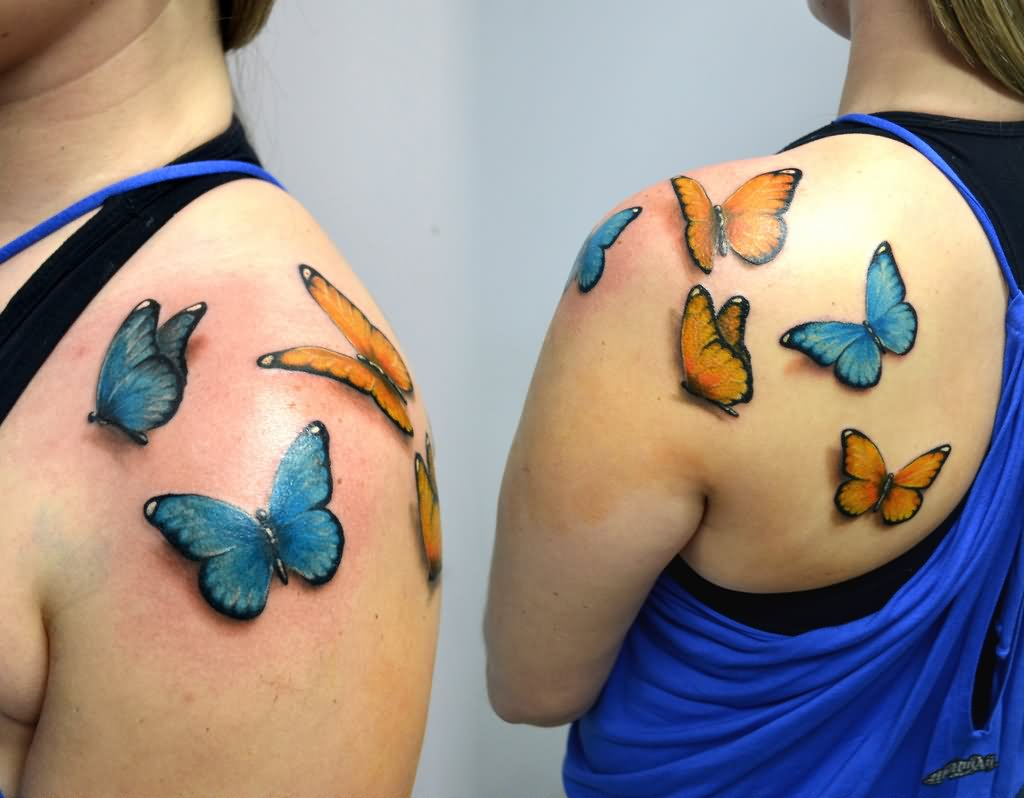 Blue And Orange Butterflies Tattoo On Shoulder with size 1024 X 798