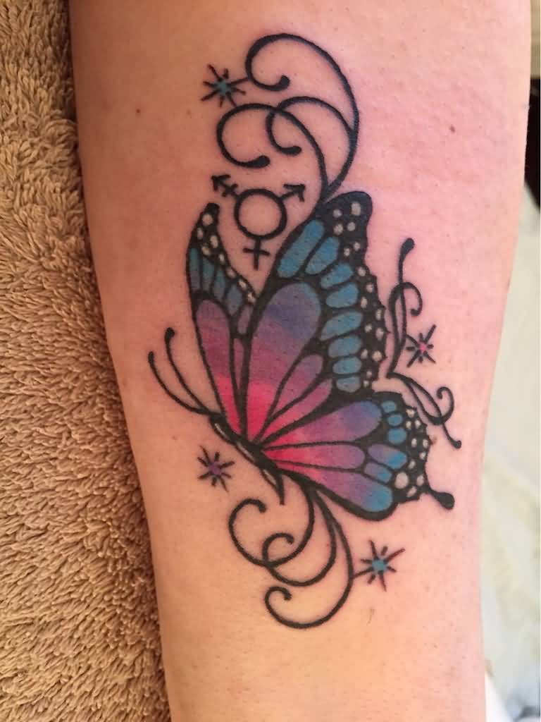 Blue And Pink Butterfly Tattoo Design On Leg within sizing 768 X 1024