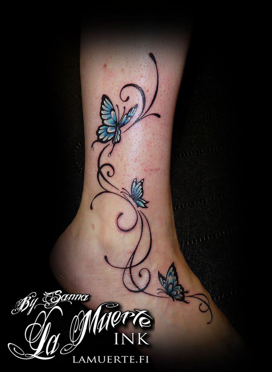 Blue Butterflies With Scrolls Tattoos Butterfly Ankle Tattoos within size 900 X 1232