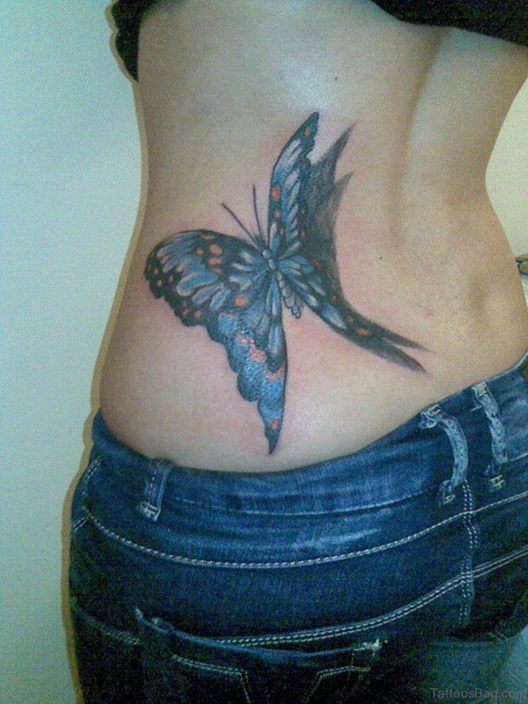 Blue Butterfly Tattoo On Girls Left Lower Back in dimensions 768 X 1024