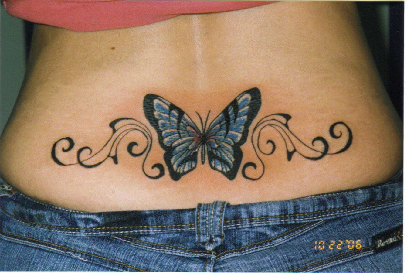 Blue Butterfly Tattoo On Lower Back Waist with regard to dimensions 1364 X 899