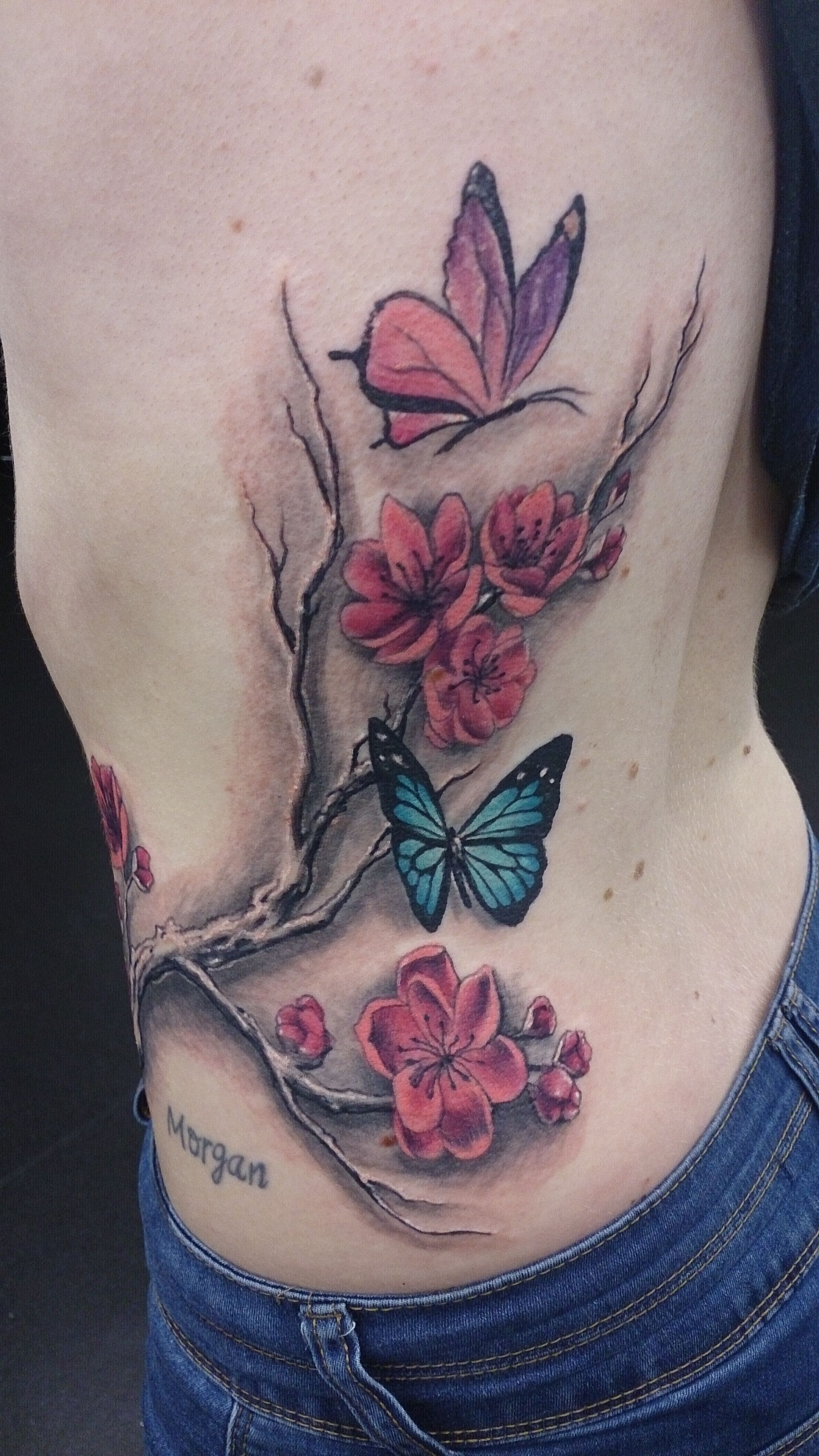 Butterflies And A Blossom Branch Tattoo On The Ribs And Back within dimensions 2204 X 3920