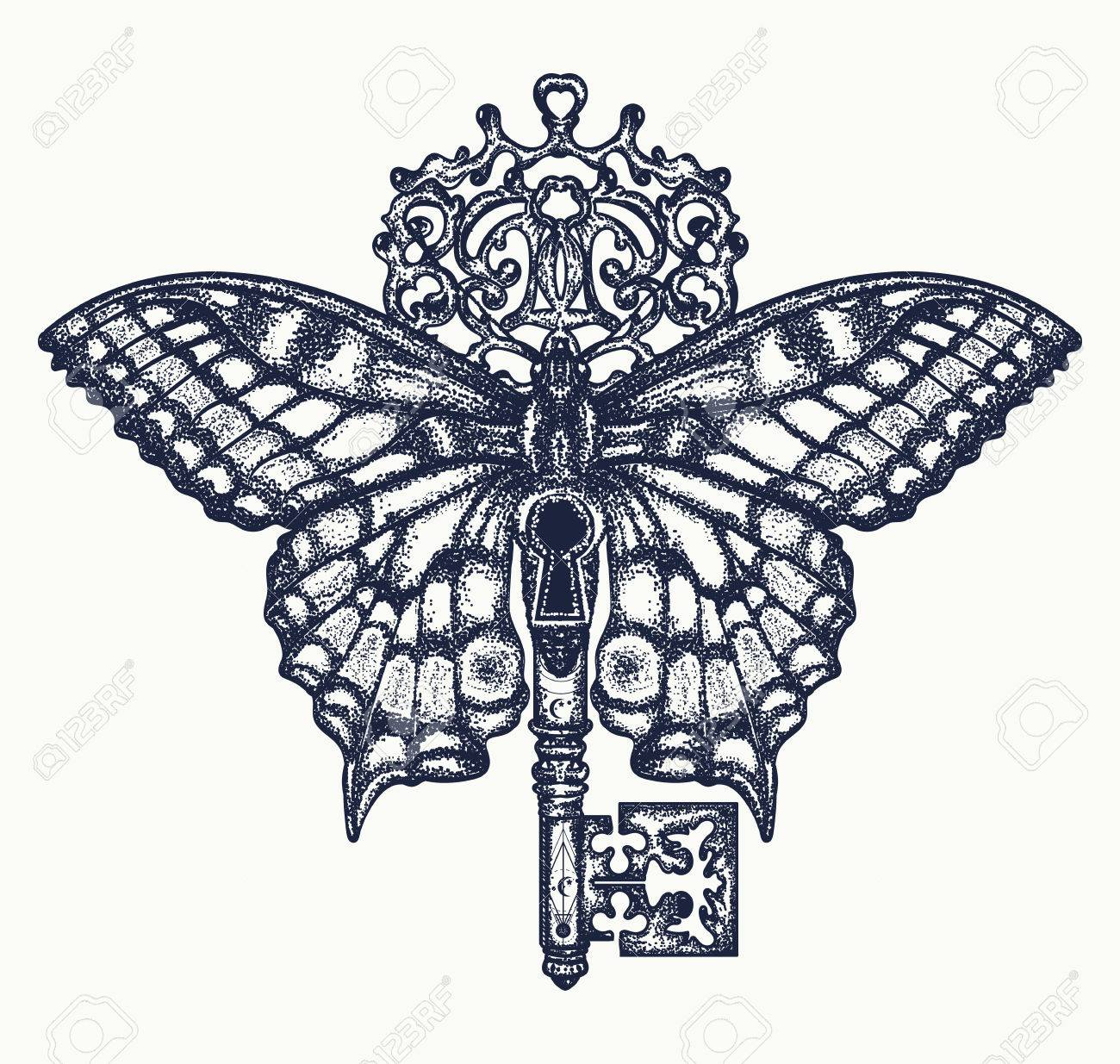 Butterfly And Key Tattoo Art Mystical Symbol Of Freedom Spiritual throughout sizing 1300 X 1235