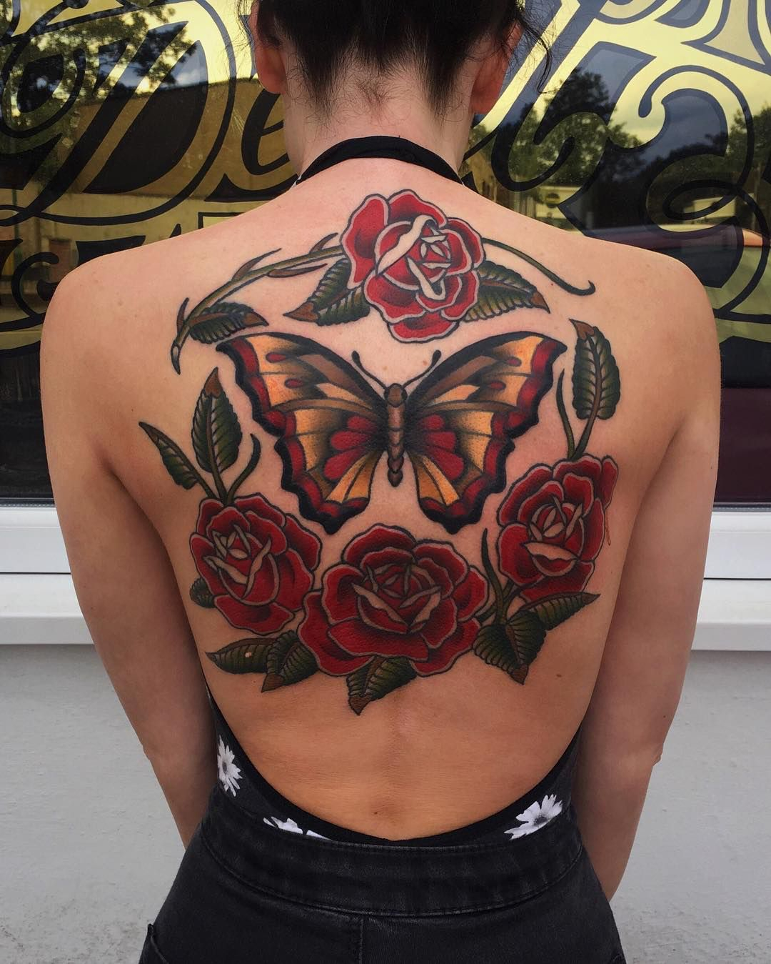 Butterfly And Roses American Traditional Back Piece Tattoo Tattoo within proportions 1080 X 1349