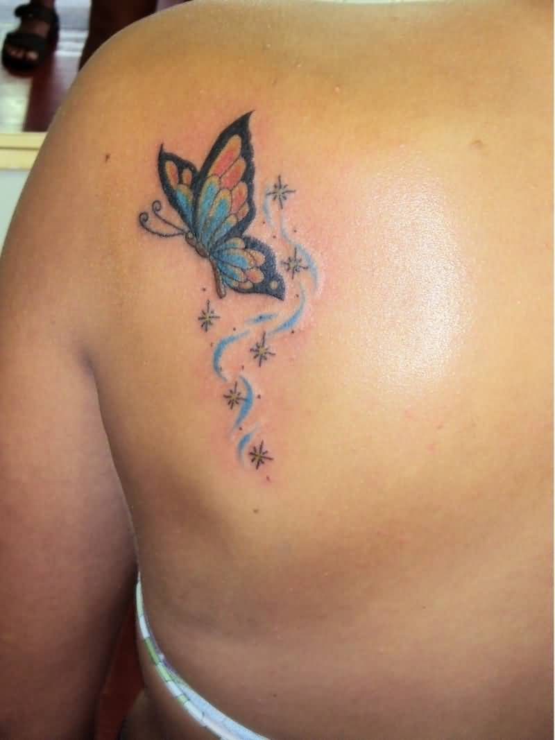 Butterfly And Star Tattoos On Left Back Shoulder for size 800 X 1067