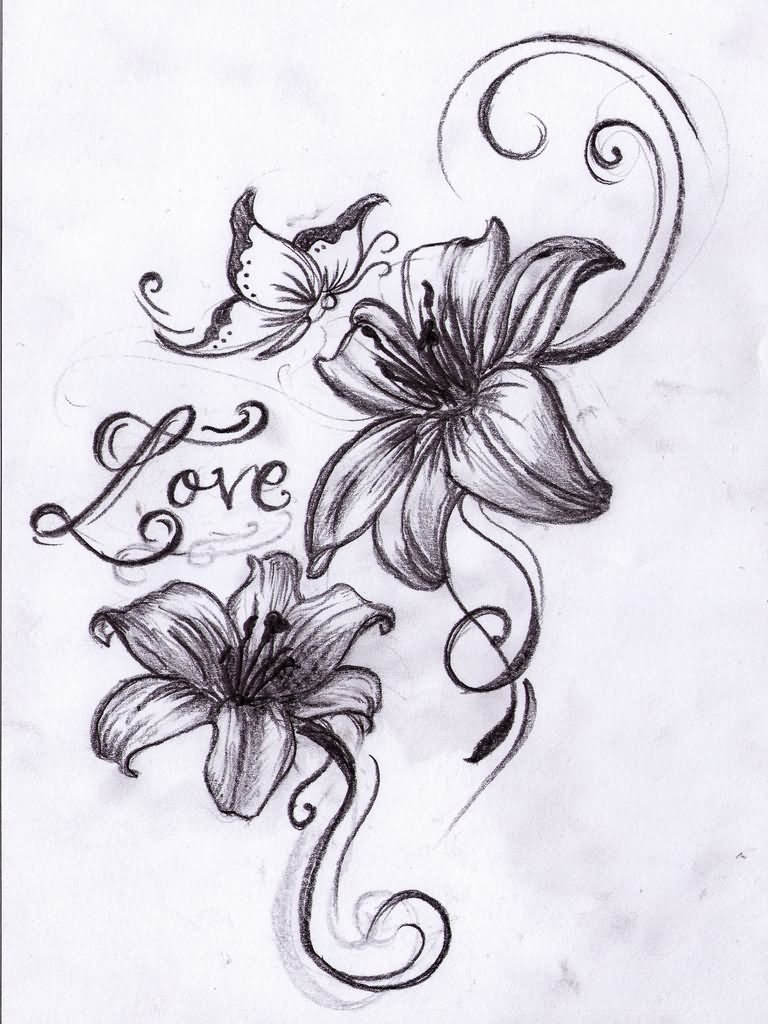 Butterfly Love Flowers Tattoo Design in size 768 X 1024