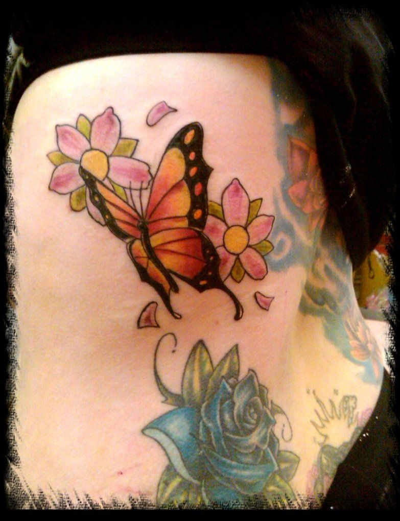 Butterfly With Flowers Tattoo On Side Rib Pink Roses Flower intended for dimensions 783 X 1020