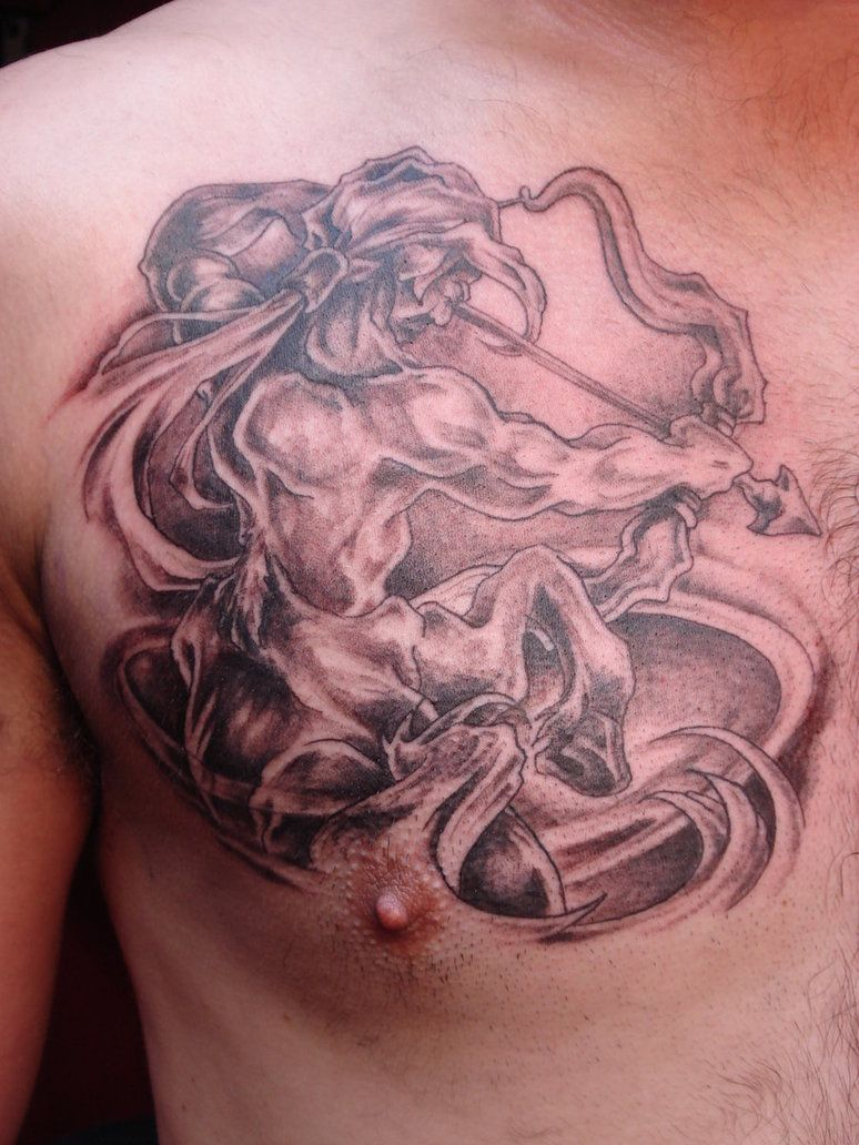 Centaur Sagittarius Zodiac Tattoo On Man Chest Vision in size 774 X 1032