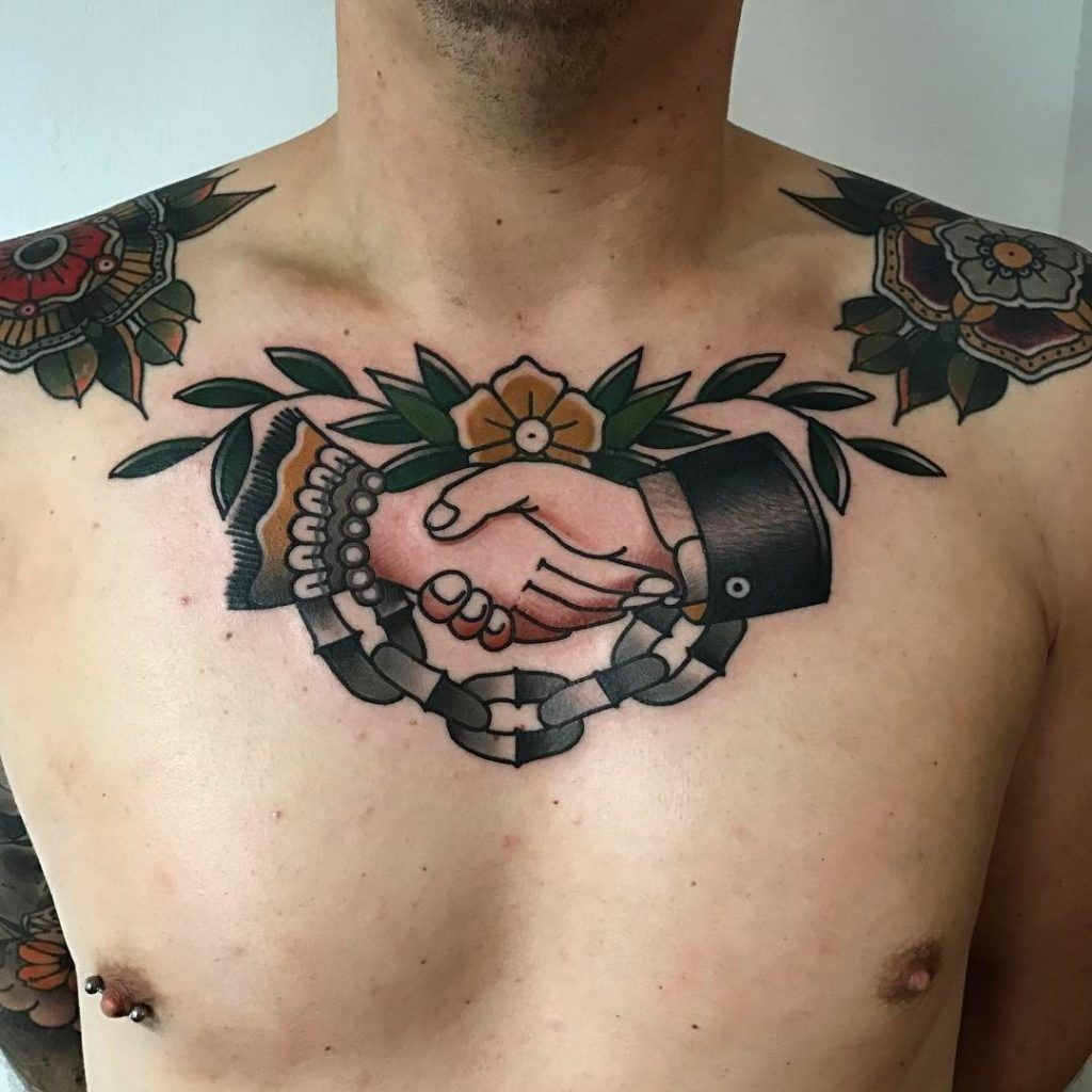 Chained Handshake Tattoo On The Center Of The Chest Traditional in proportions 1024 X 1024