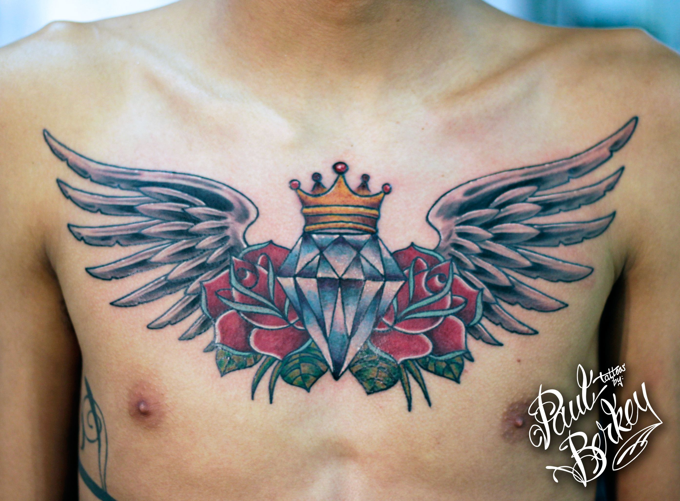 Chest Diamond Wings Roses Tattoos Paulberkey Tattoos throughout sizing 2788 X 2056