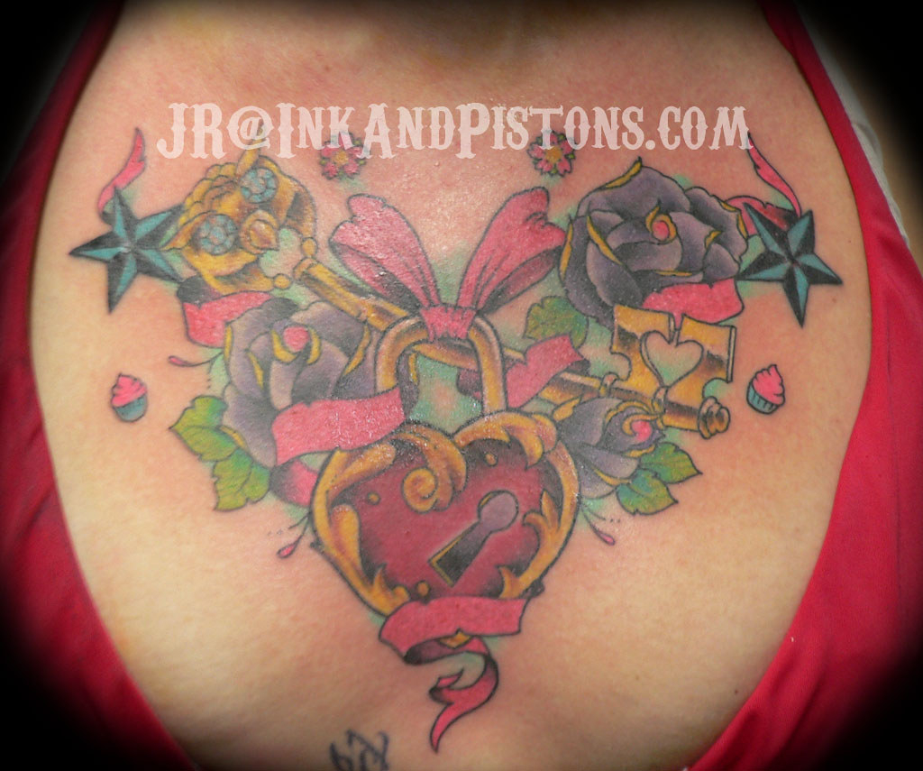 Chest Piece Locket Roses Key A Bow Tattoo Did This On Flickr with regard to size 1024 X 855