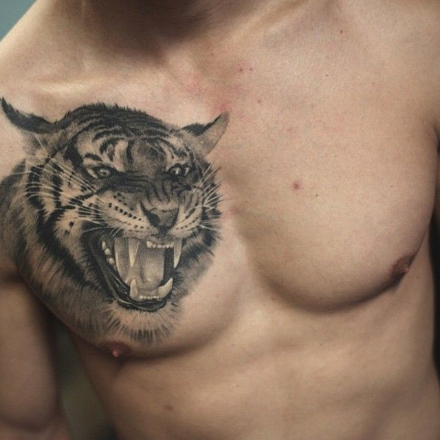 Chest Realistic Tiger Tattoo Charles Saucier Tuwek Style inside sizing 640 X 640