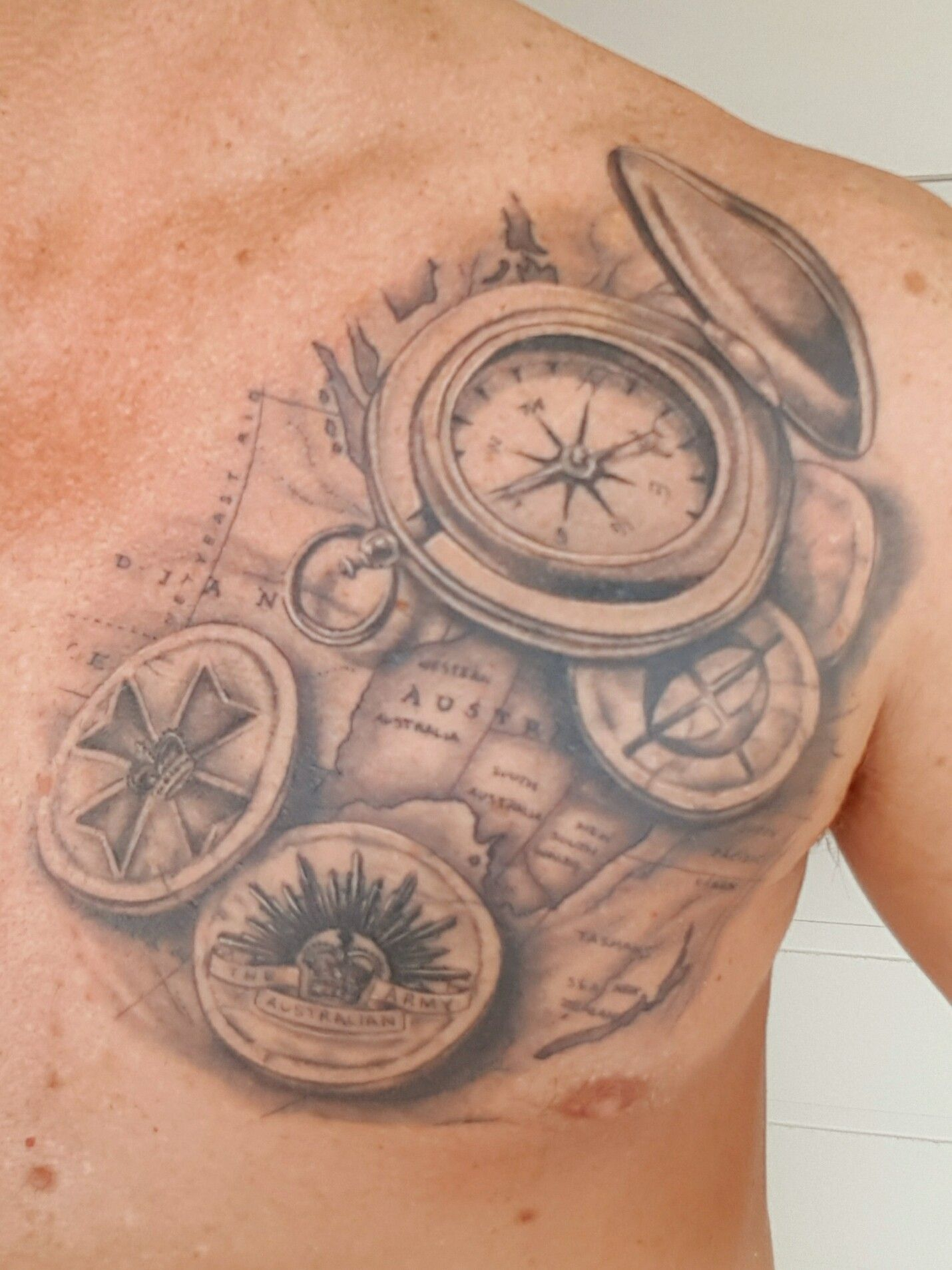 Chest Tattoo Compass Map Coda Rising Sun Matisse Cross Tatoo regarding proportions 1430 X 1907