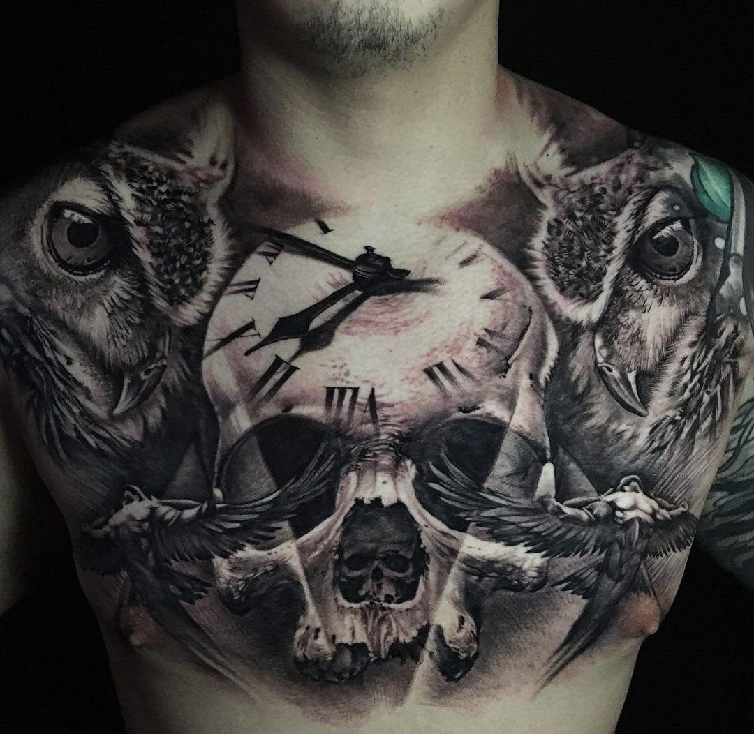 Chest Tattoo With Skull Clock Owls Tattoo Tatuaje De Pecho inside sizing 1080 X 1052