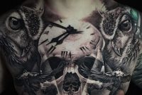 Chest Tattoo With Skull Clock Owls Tattoo Tatuaje De Pecho within dimensions 1080 X 1052