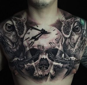 Chest Tattoo With Skull Clock Owls Tattoo Tatuaje De Pecho within sizing 1080 X 1052