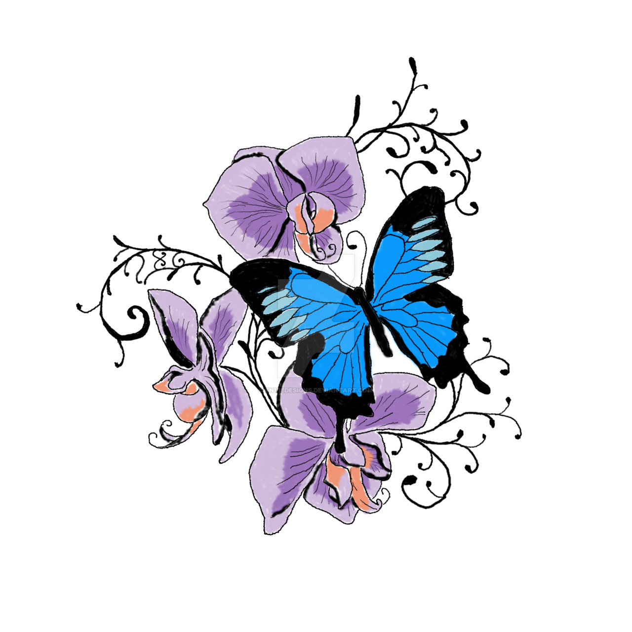 Chic Purple Orchids And Bright Blue Butterfly Tattoo Design for proportions 1280 X 1280