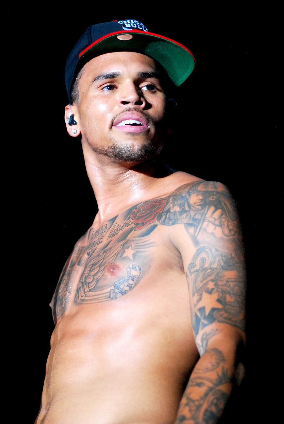 Chris Brown Bare Chest Tattoos Cap Beard Photo Posh24 Brown intended for sizing 968 X 1446