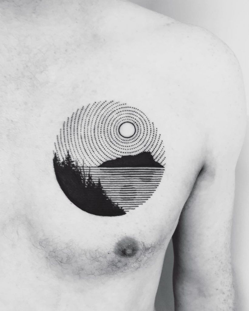 Circular Black Dashed Landscape Tattoo Landscape Tattoo Chest in proportions 820 X 1024