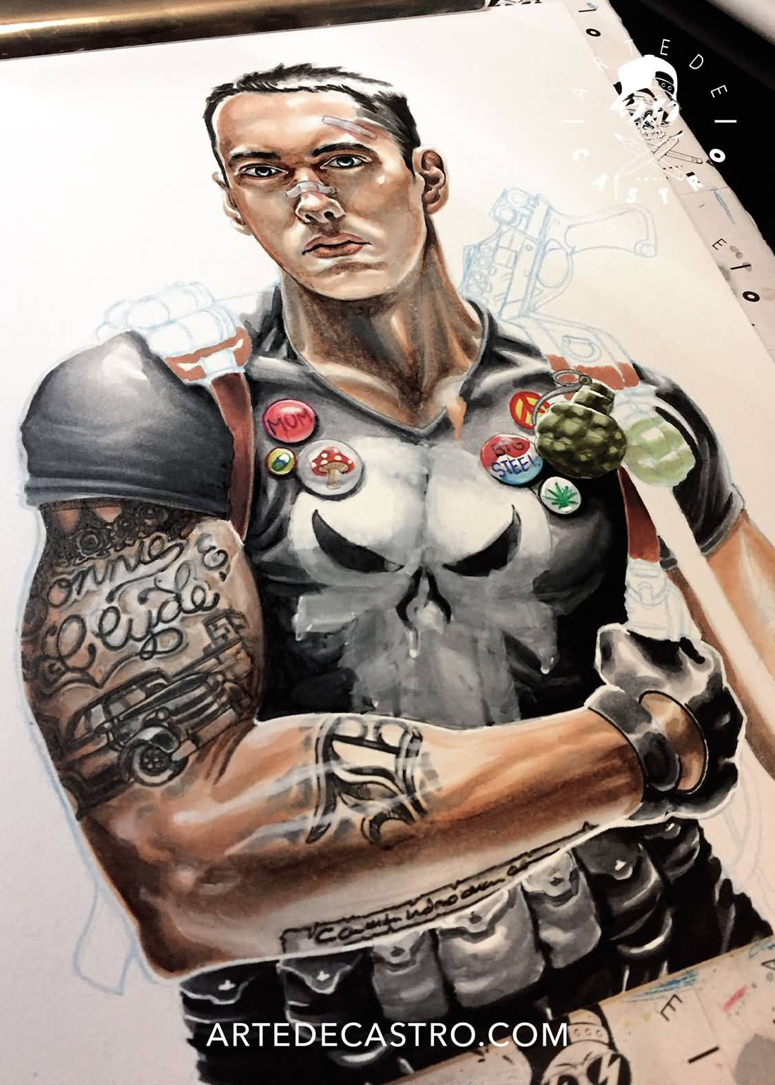 Colored Eminem Punisher Tattoo Art Ivan Castro throughout sizing 1125 X 1575