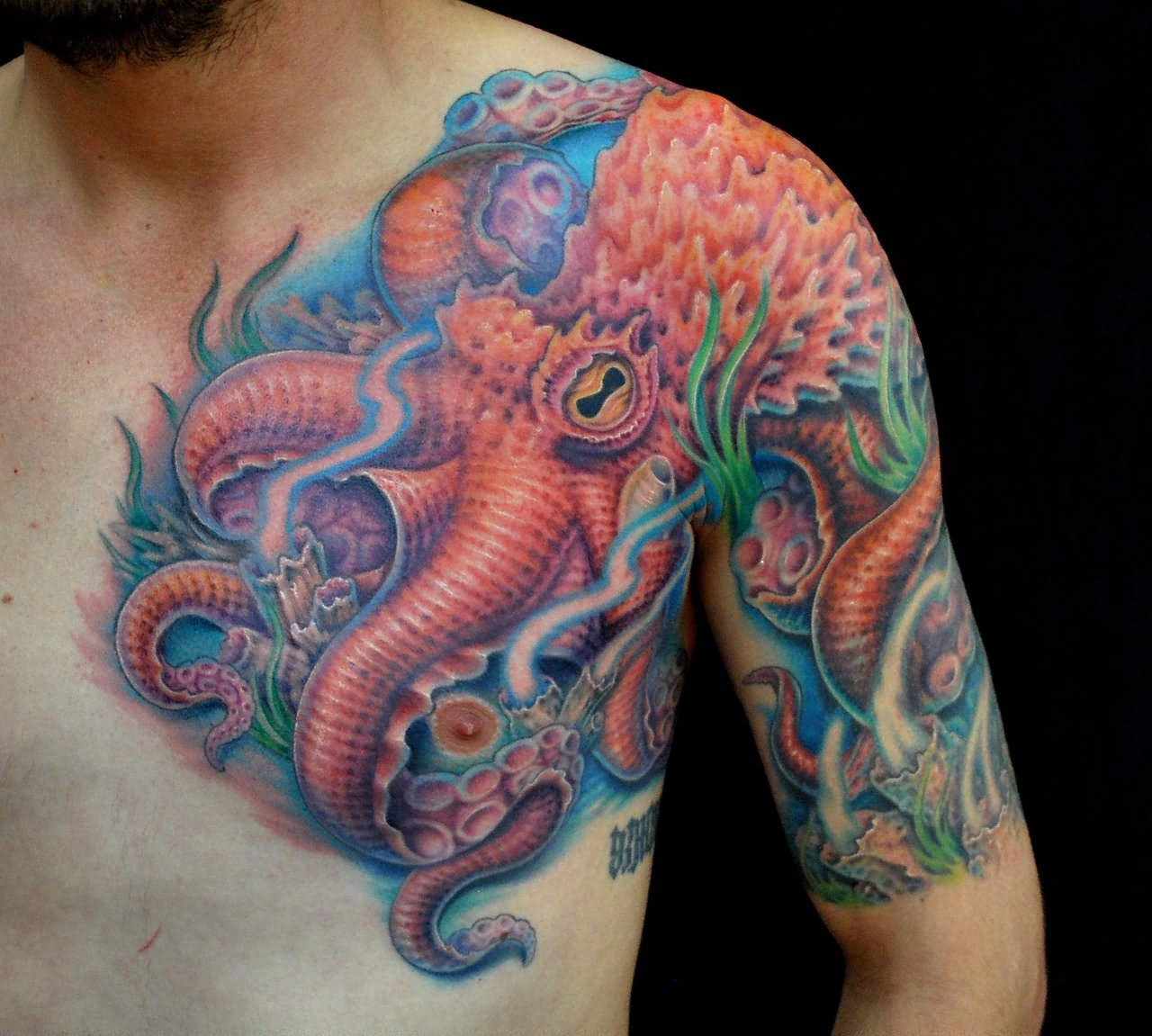 Colored Octopus Tattoo On Chest And Left Shoulder with regard to dimensions 1280 X 1151