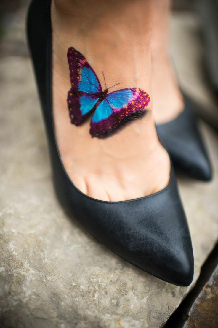Colorful 3d Butterfly Tattoo On Foot for size 736 X 1105